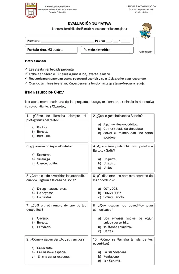 Evaluación: Lectura domiciliaria "Bartolo y los cocodrilos mágicos"