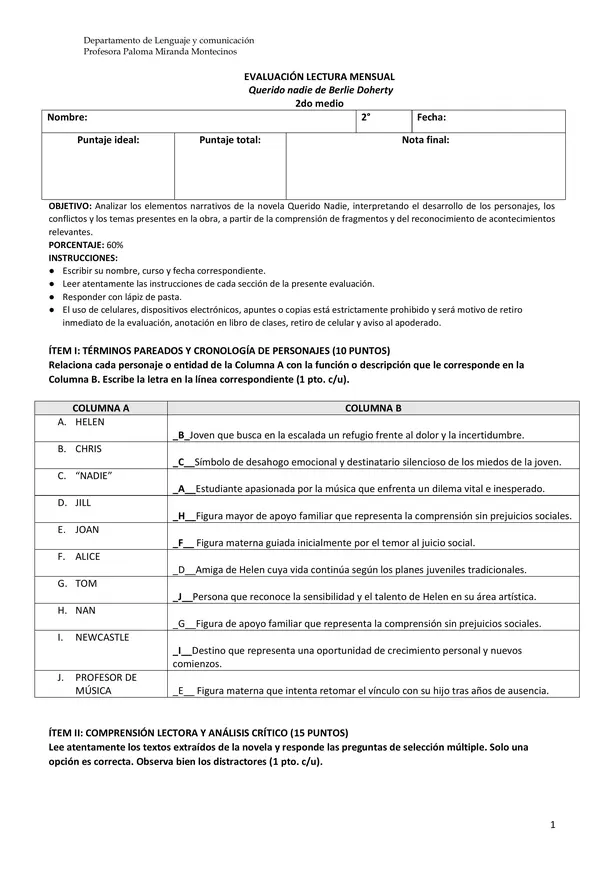 Evaluación "Querido nadie" 2do medio
