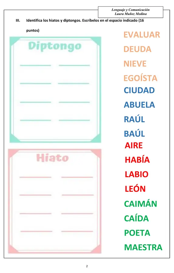 Evaluación de lenguaje hiatos y diptongos