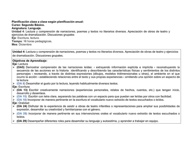 Planificacion mensual clase a clase Diciembre, lenguaje, segundo Basico unidad 4