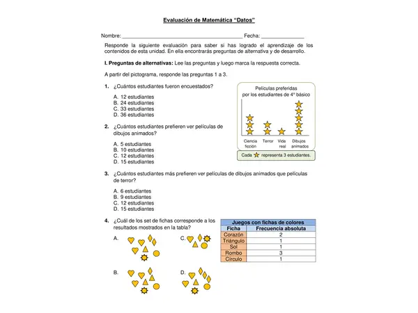 Evaluación "Datos, tabla, gráficos y pictogramas" 4° año básico.