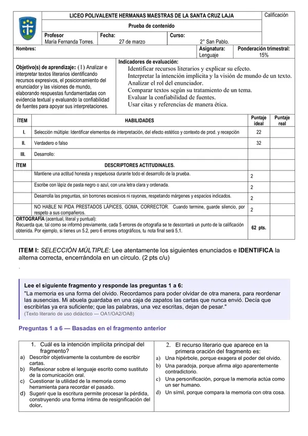 Prueba Lenguaje 4° Medio | Análisis Literario + Interpretación + Comparación de Textos