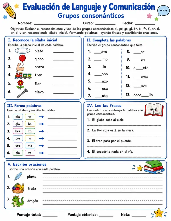 Grupos consonánticos pl/pr/gr/gl/br/bl/fr/fl/tr/tl/cr/cl/dr,