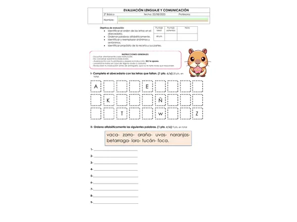 Evaluación orden alfabérico y comprensión de la receta.