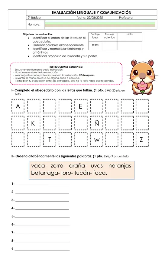Evaluación orden alfabérico y comprensión de la receta.