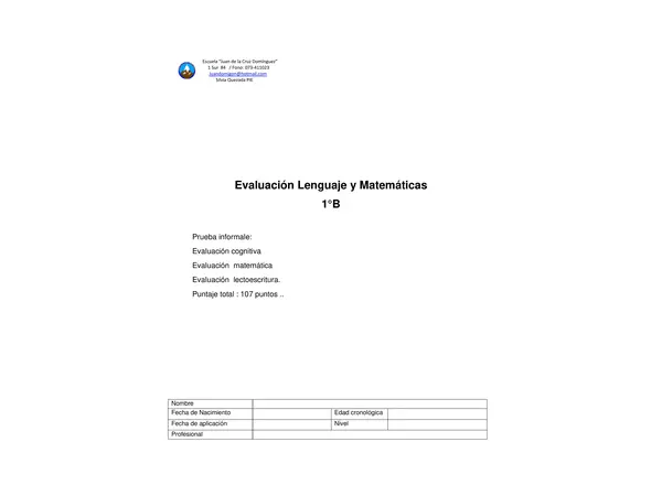 Evaluacion Inforal 1 basico Lenguaje , matematica 