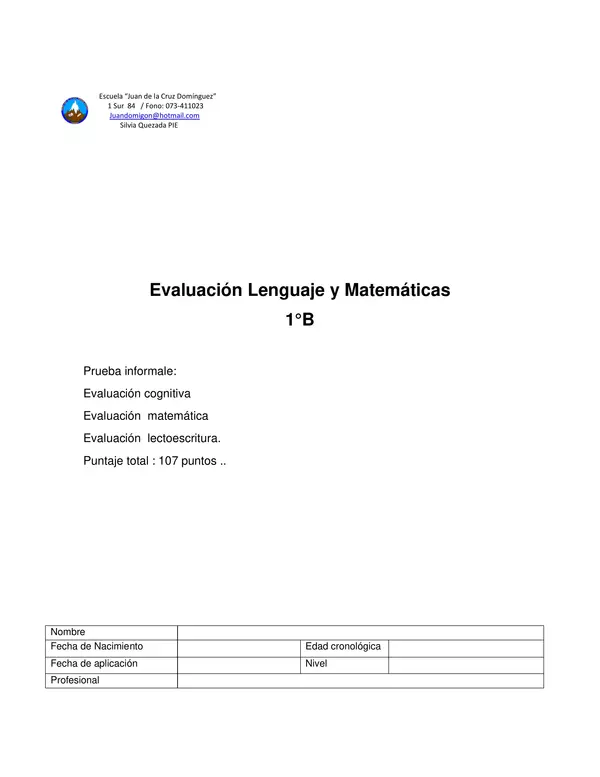 Evaluacion Inforal 1 basico Lenguaje , matematica 