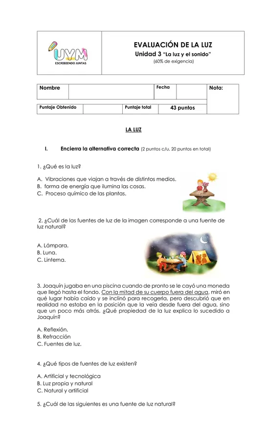 Evaluación ciencias "la luz y el sonido"