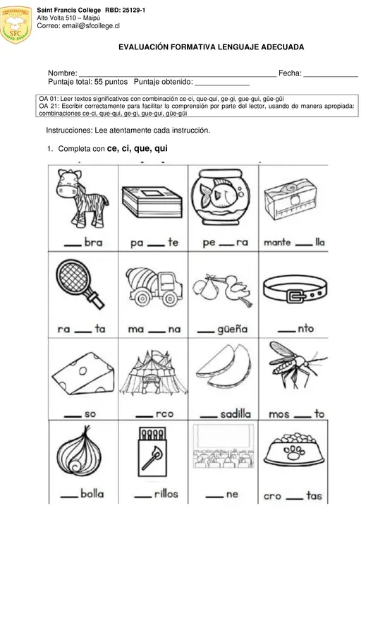 Evaluación adecuada ce ci que qui ge gi gue gui
