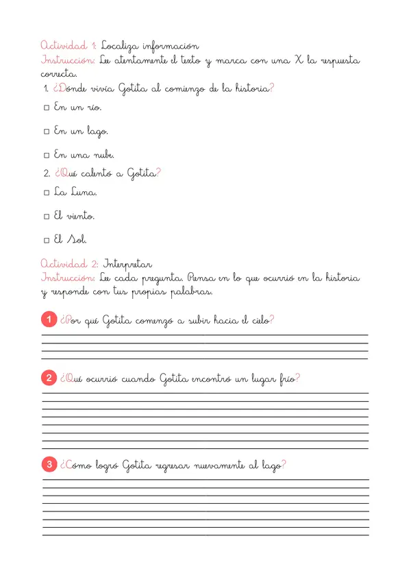 Guía de Comprensión Lectora y Ciclo del Agua (2° Básico)