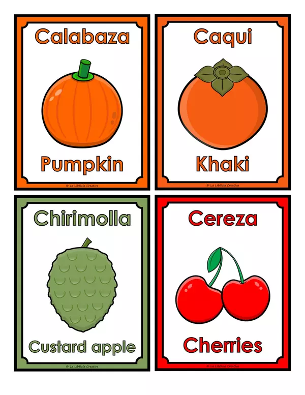 Tarjetas Ilustrativas Frutas Comida Saludable Recortar Color Bilingüe