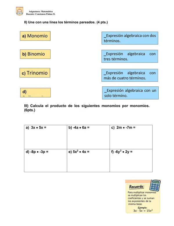 Evaluación oa06 monomios y binomios 8vo 