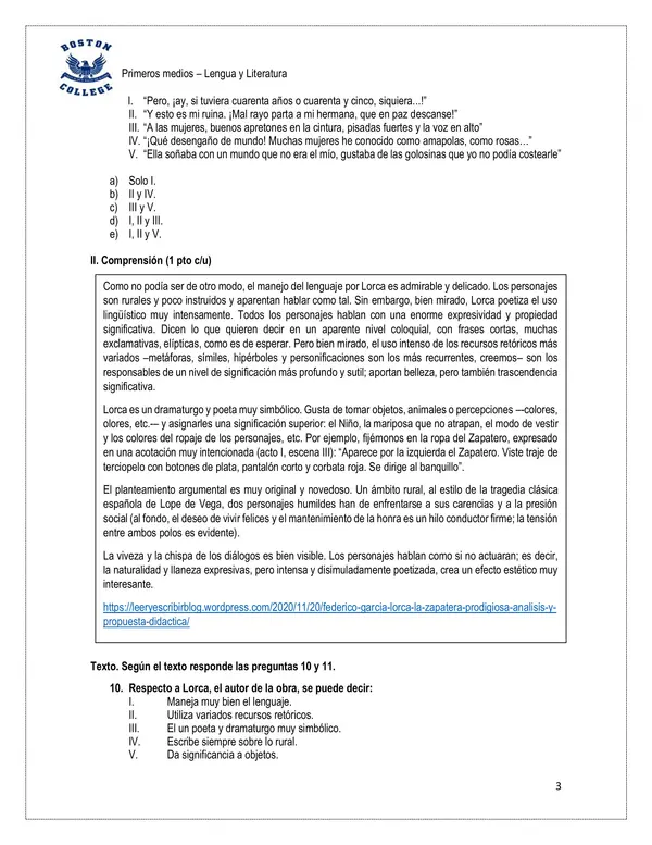 prueba "La zapatera prodigiosa" Federico García Lorca, 1°Medio. 