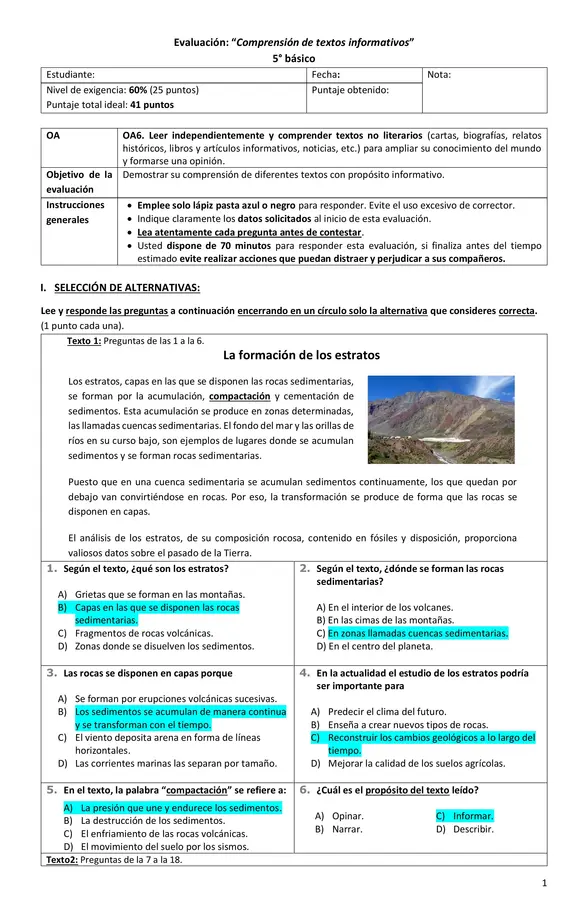 Control de Lectura de Textos Informativos (con pauta)