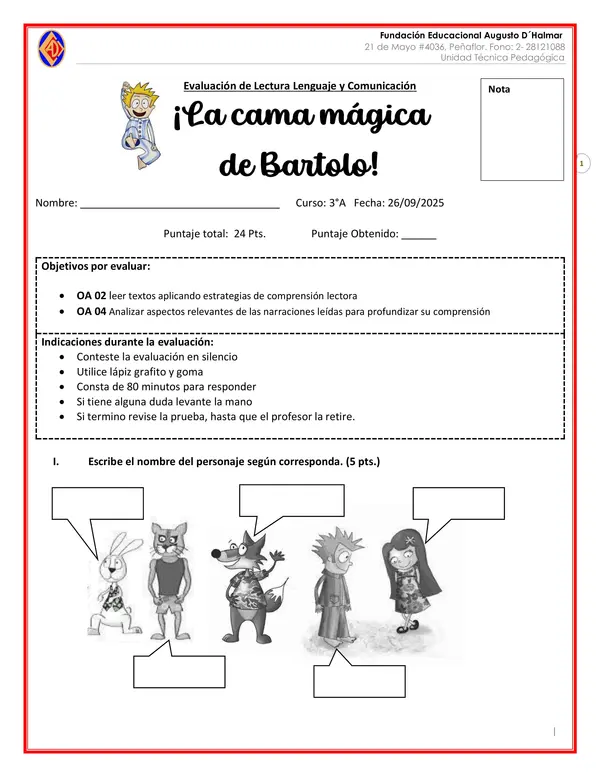 Prueba de lectura La cama mágica de Bartolo