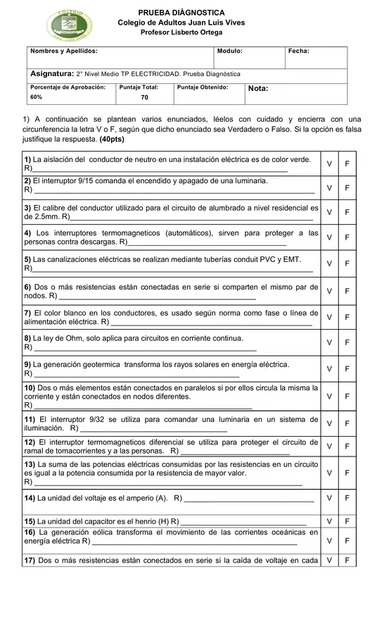 PRUEBA DIAGNOSTICA 2 NM TP ELECTRICO