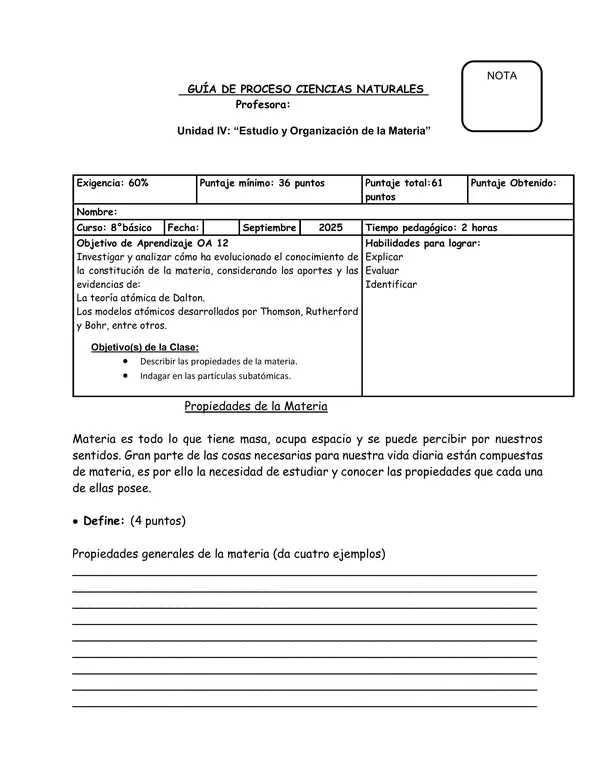 Guía de trabajo Química  : 8 Básico 