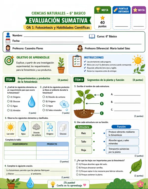 6TO EVALUACIÓN SUMATIVA OA 1 FOTOSÍNTESIS