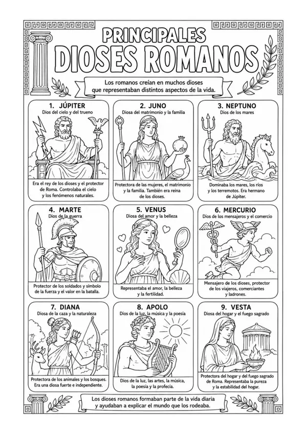 Principales Dioses Romanos | Lámina Educativa para Colorear