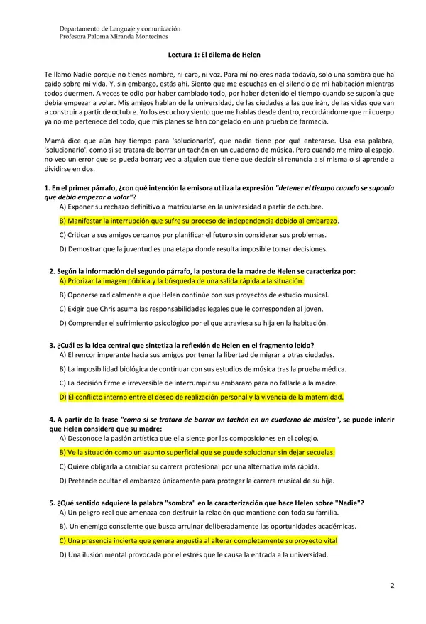 Evaluación "Querido nadie" 2do medio