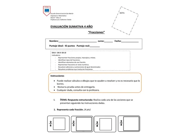 Evaluación Fracciones 4 año