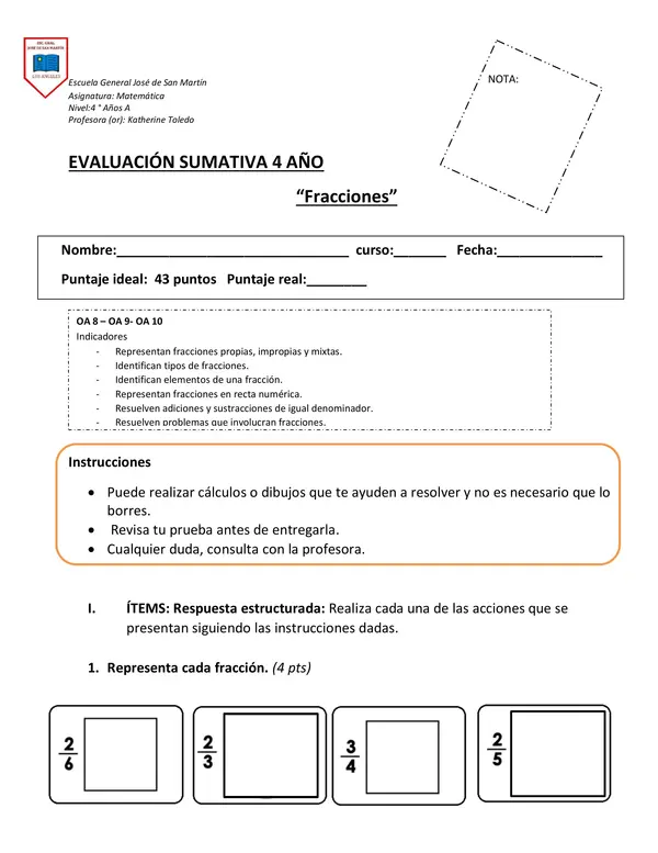 Evaluación Fracciones 4 año