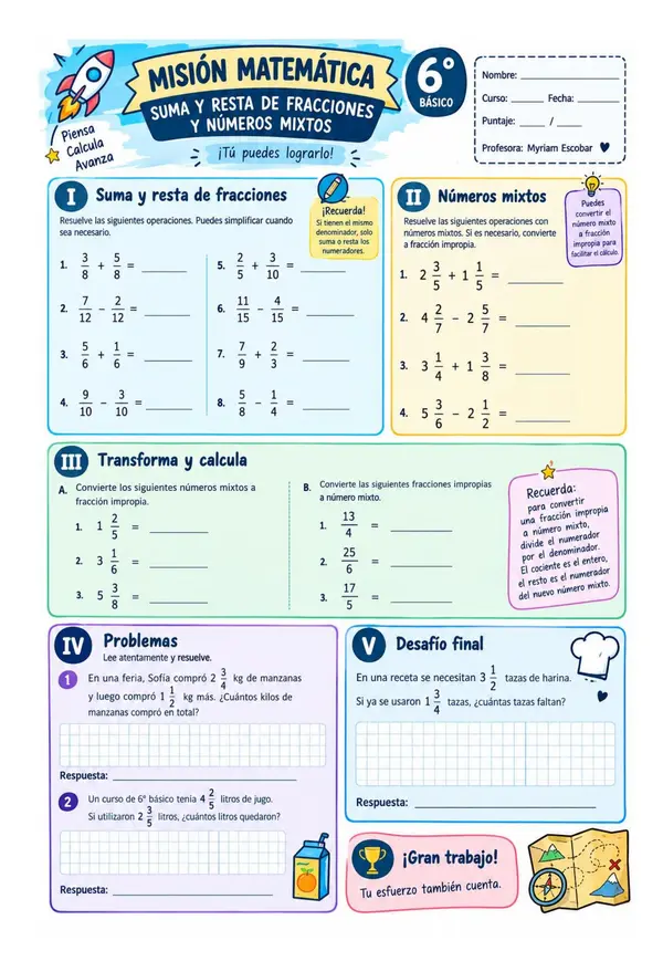 Suma y resta de Fracciones y Números Mixtos