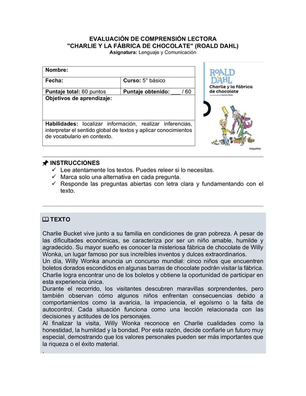 Prueba del libro "Charlie y la fábrica de chocolate" 5° básico