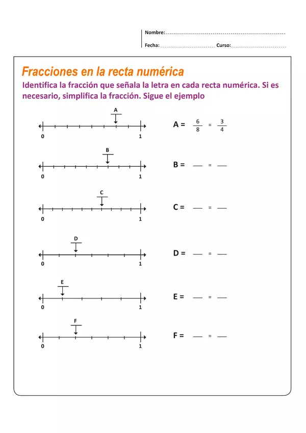Ejercicio para poder encontrar fracciones en la recta numérica. 