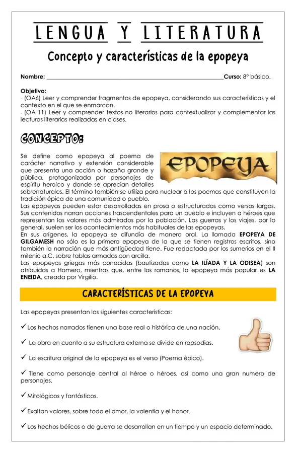 Guía de trabajo - Epopeya - 8° básico (Lengua y literatura)