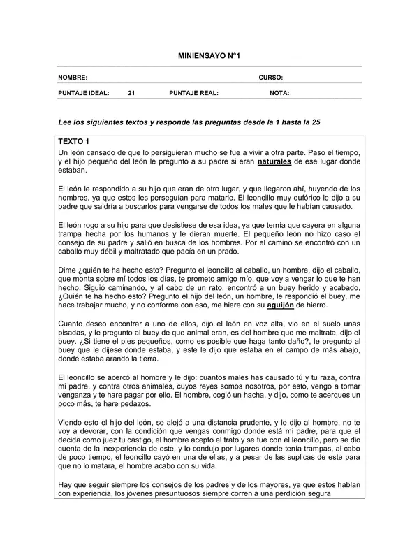 Evaluacion de Lenguaje 6 Basico: comprension lectora: el leon y su cachorro