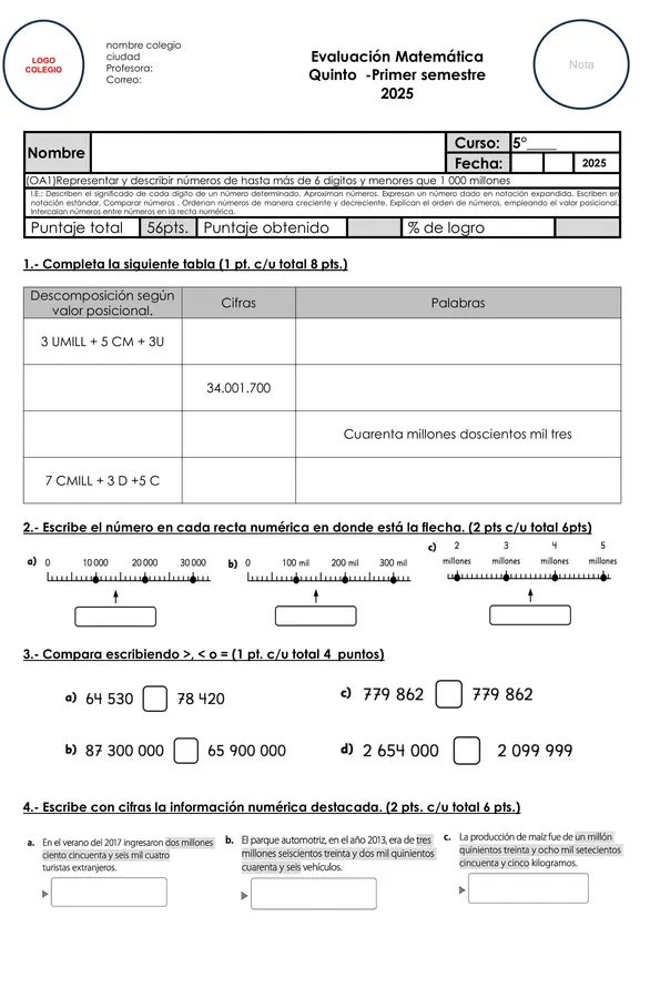 Matemática 5° Básico Valor posicional, comparación y aproximación de números grandes (OA 1)