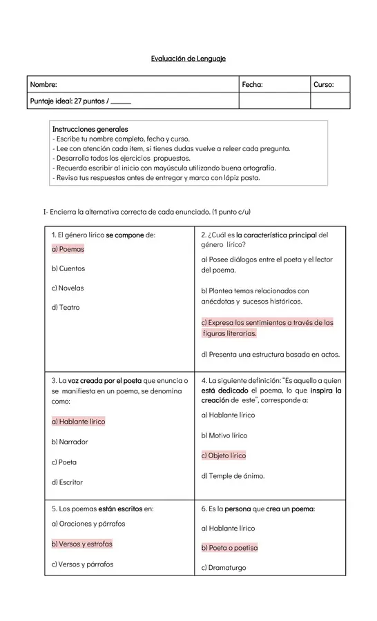 Evaluación elementos del género lírico
