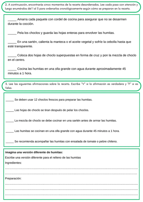 Lenguaje: Comprensión Lectora - Recetas Chilenas