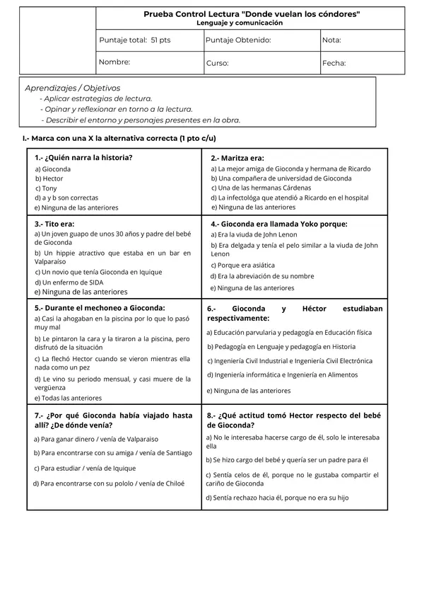 Prueba control de lectura " Donde vuelan los cóndores" 