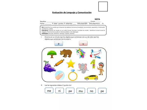 Evaluación Lenguaje 1° básico