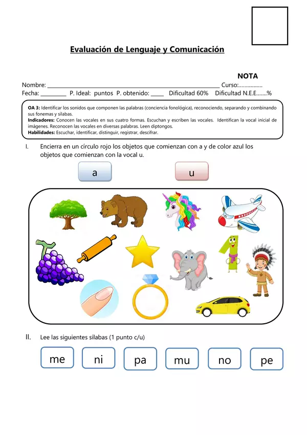Evaluación Lenguaje 1° básico