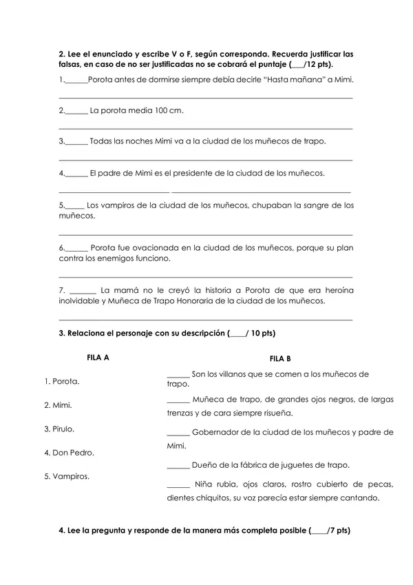 EVALUACIÓN LECTURA: "LA POROTA"