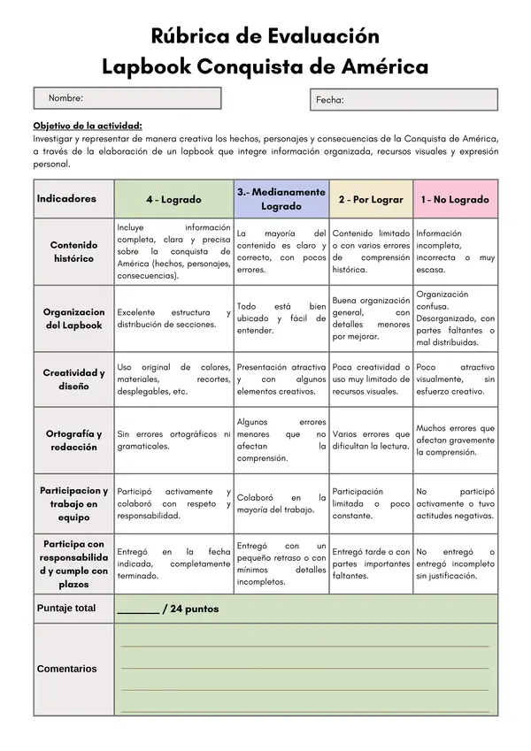 Rúbrica de Evaluación – Lapbook: Conquista de América