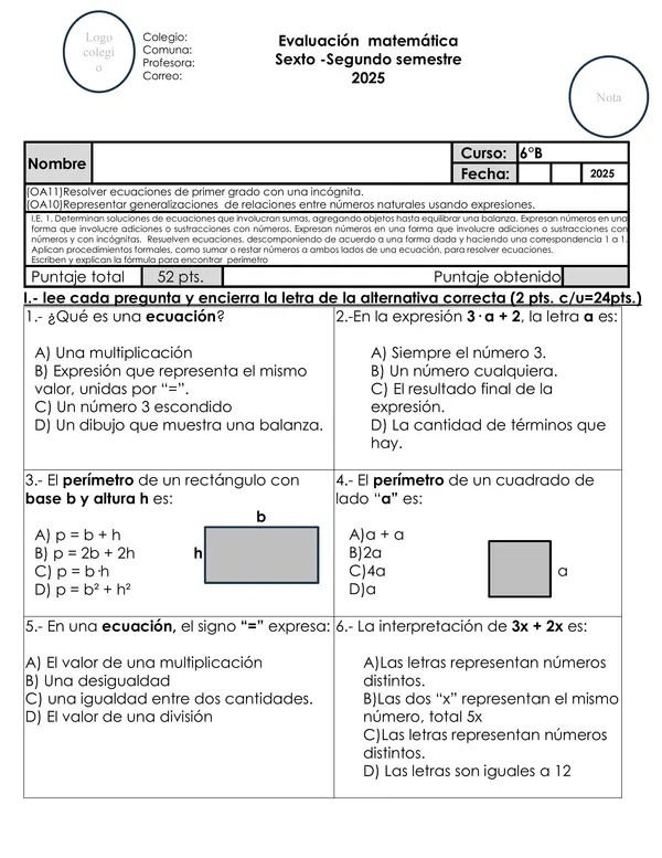 6to ecuaciones matemática oa 10 y 11