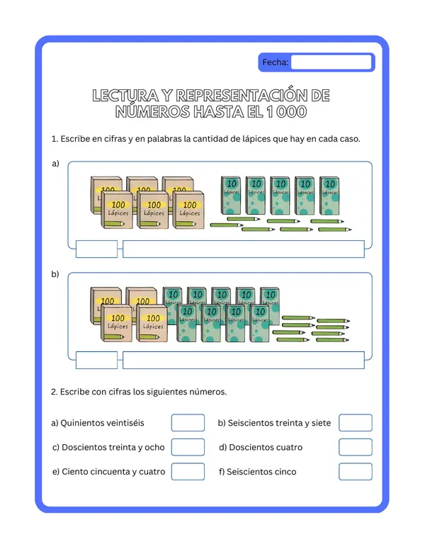 3° básico - Ficha de aprendizaje "Lectura y representación de números hasta el 1 000"