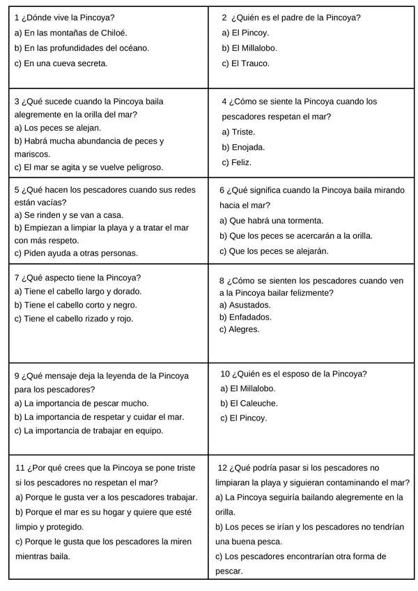 Leyendas Chilenas, Comprensión lectora