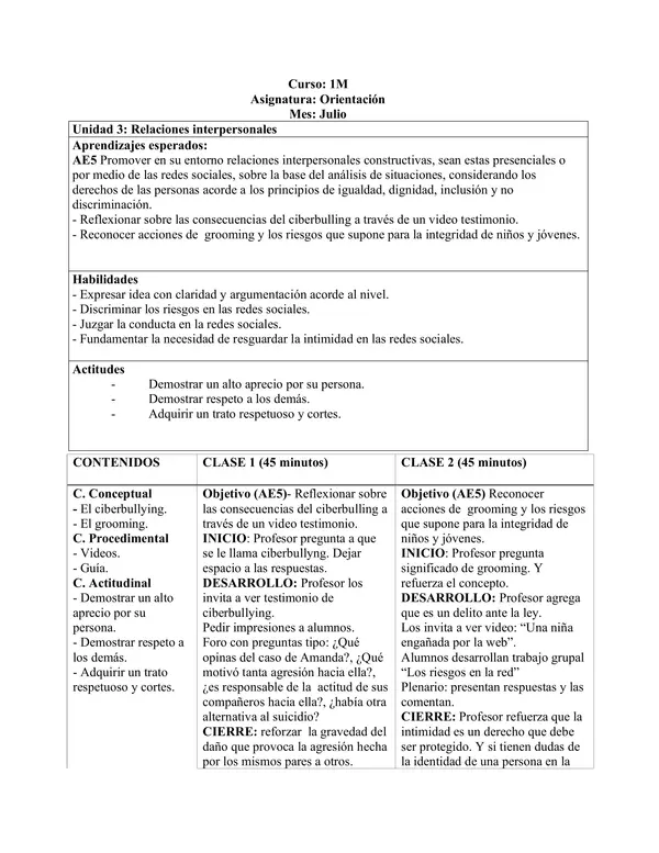 Planificación Clase a Clase Julio - Orientación - 1° Medio