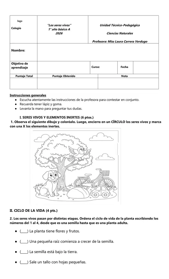 1° básico , Prueba de lo seres Vivos