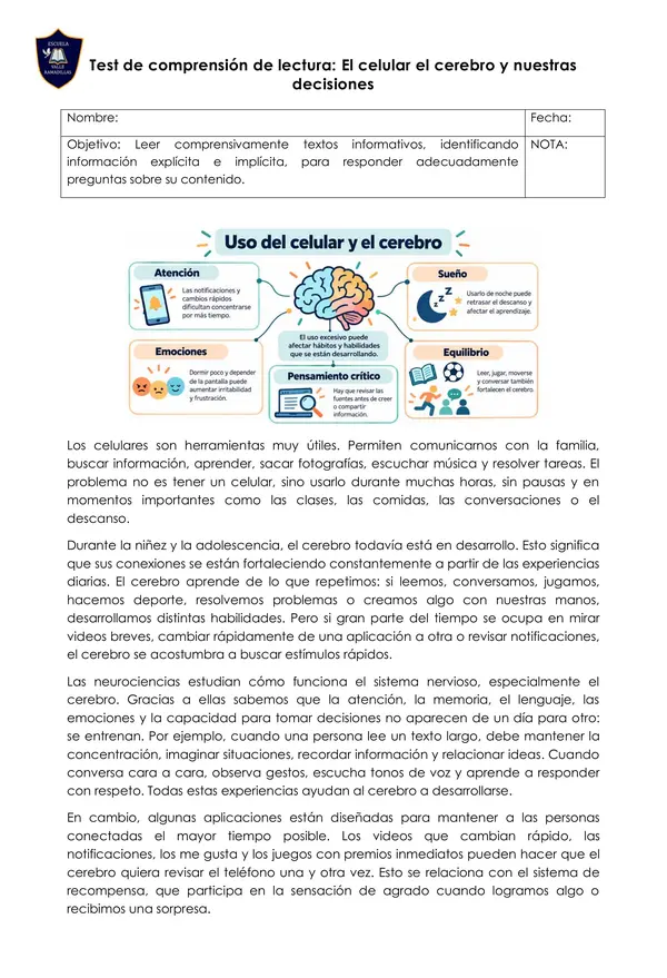 Guía de Comprensión Lectora: El celular, el cerebro y nuestras decisiones 