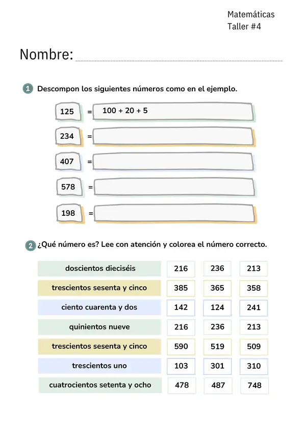 Taller #4 de Matemáticas – Grado Primero