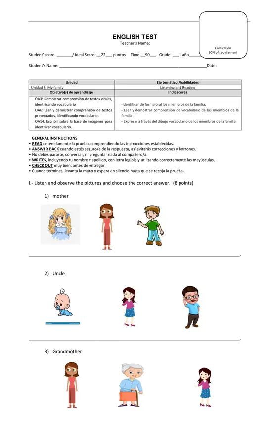 Prueba de inglés de la familia