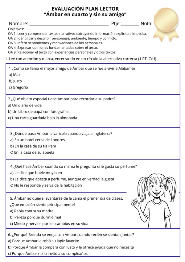Evaluación Plan Lector: “Ámbar en cuarto y sin su amigo”