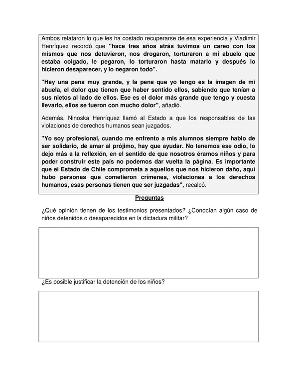 Testimonios de Niños Torturados en la Dictadura: Memoria y Reparación, TERCERO MEDIO, ED CIUDADANA