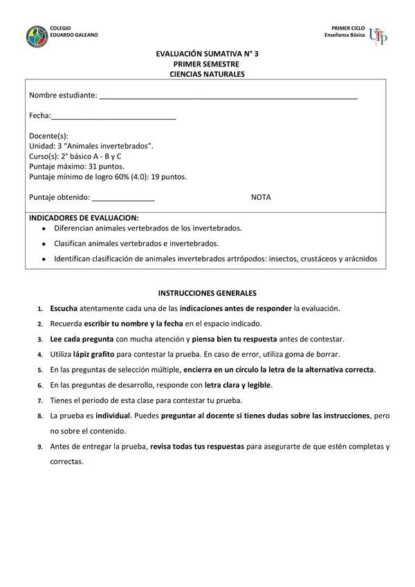 Prueba Vertebrados e Invertebrados